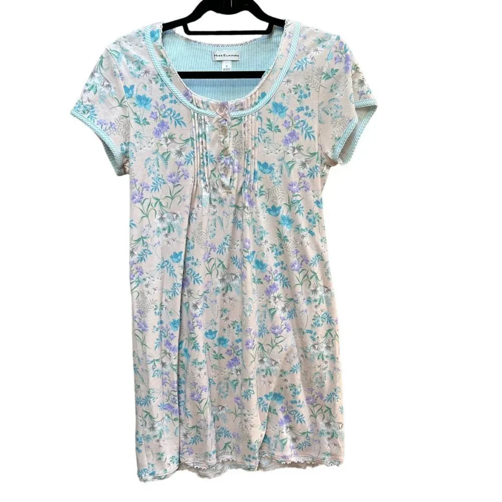 Miss Elaine Floral Print Pullover Eyelet Trim Knit‎ Nightgown Women's Size Small